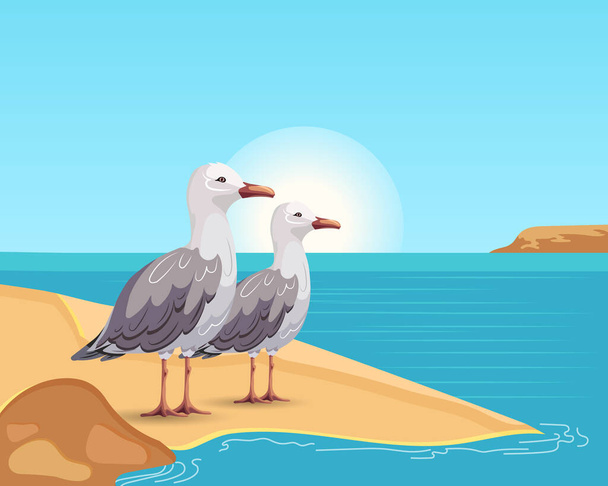 Cute seagulls on a sandy island against the backdrop of a seascape. Summer illustration, vector - Vector, afbeelding