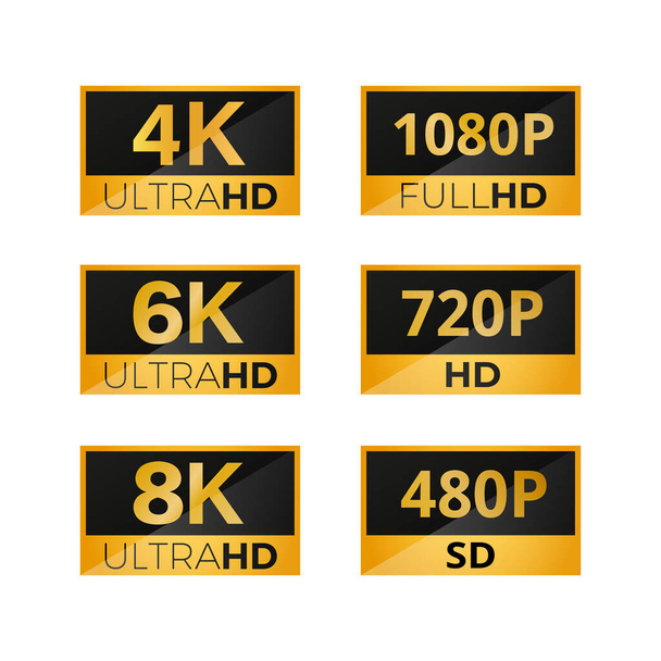 Set of video dimensions SD, HD, FHD, 4K, 6K, 8K. Set of video resolution isolated on white background. Vector stock - Vector, Imagen
