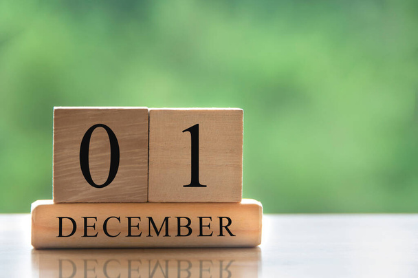 1η Δεκεμβρίου κείμενο ημερολογιακή ημερομηνία για ξύλινα μπλοκ με χώρο αντίγραφο για τις ιδέες. Αντιγραφή έννοιας χώρου και ημερολογίου - Φωτογραφία, εικόνα