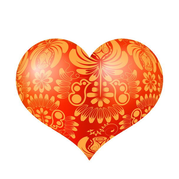 Red three-dimensional heart with floral gold ornament. Vector il - Vecteur, image