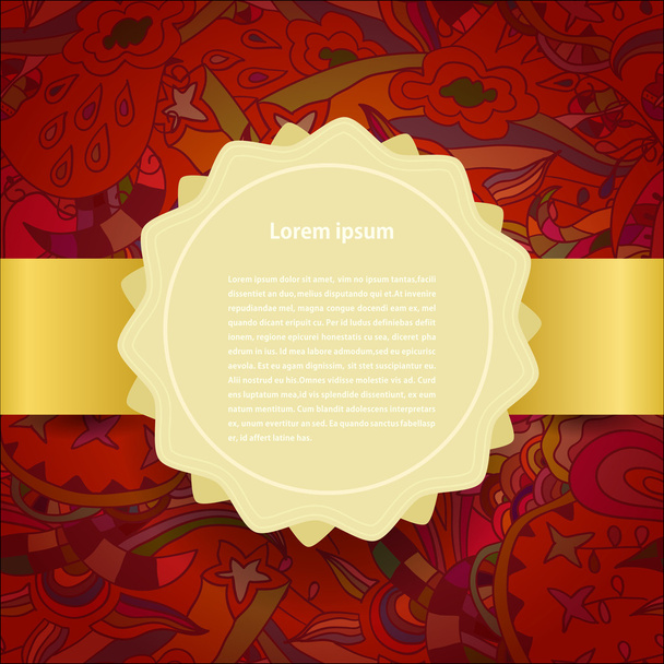 Golden label on the red floral background. Vector illustration. - Vector, imagen