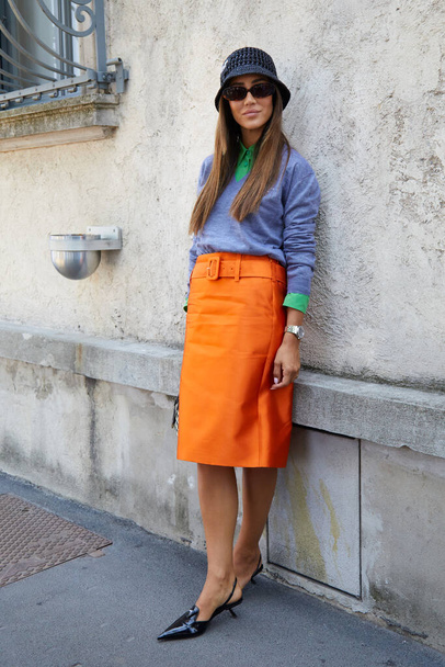 MILAN, ITALY - JUNE 19, 2022: Tamara Kalinic before Prada fashion show, Milan Fashion Week street style - Zdjęcie, obraz