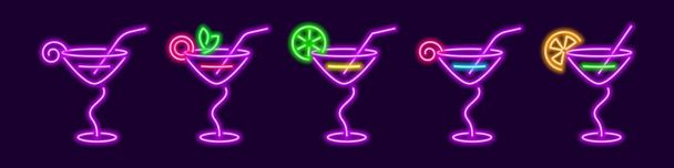 Purple cocktails in neon martini glasses with curved stem. Knickerborker with lime wedge and manhattan with lemon. Trendy glowing margarita with shades of rich vector blue lagoon. - ベクター画像