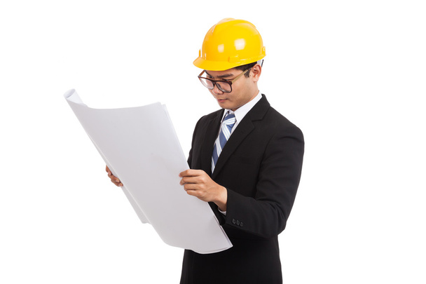 Asian engineer man working with blueprints - Photo, Image