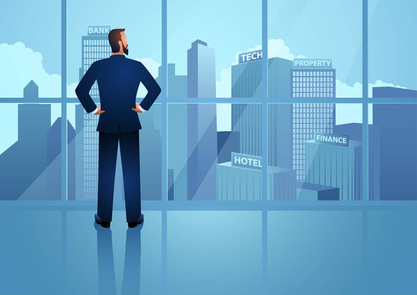 Back view of successful businessman looking at his business empire from his office window, vector illustration - Vetor, Imagem