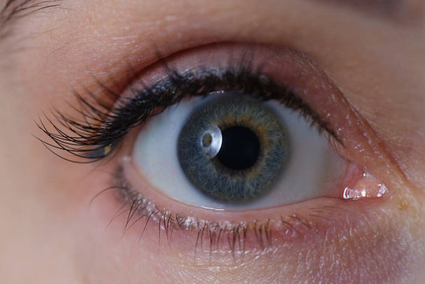 Széles, nyitott női szem szürke zöld pupillával és állandó nyíl a szemhéjon. Lézeres látásjavítási koncepció - Fotó, kép