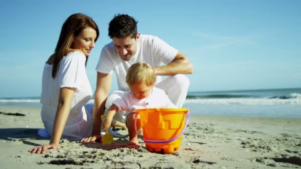 Батьки з сином грають на піщаному пляжі
 - Кадри, відео