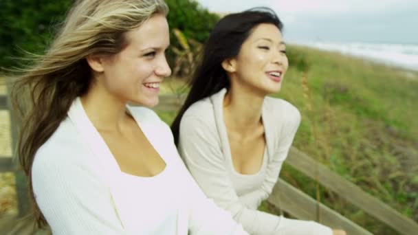 Mulheres desfrutando de ar fresco na praia
 - Filmagem, Vídeo