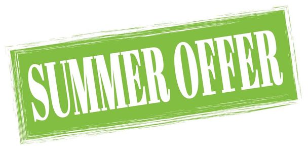 SUMMER OFFER text written on green rectangle stamp sign. - Foto, afbeelding