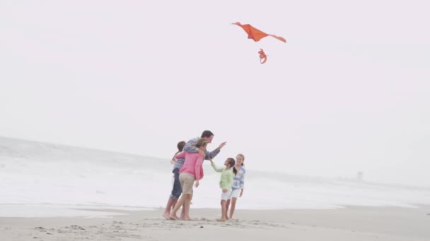 Familie met vliegende kite op strand - Video