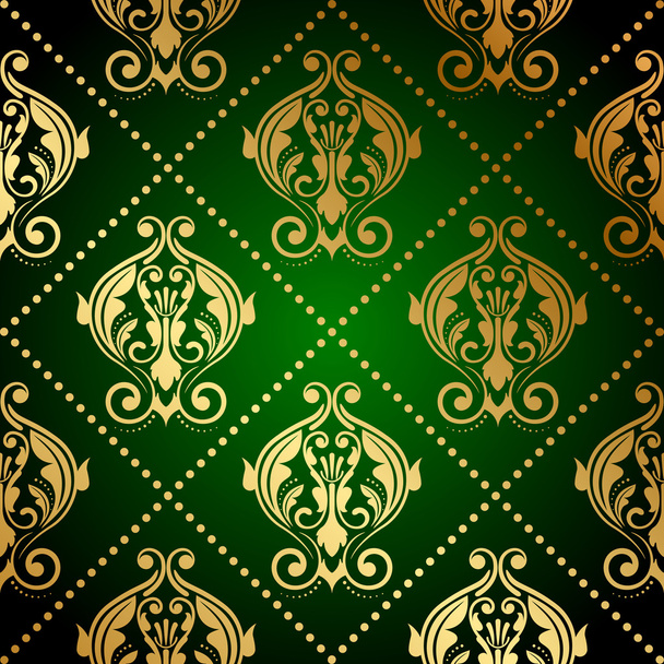 Vector green wallpaper with gold ornament - Вектор,изображение