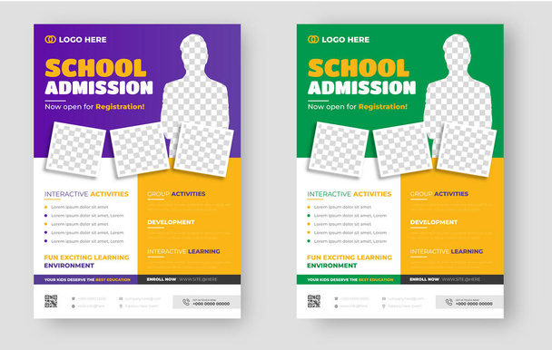 Okul giriş broşürü tasarımı. Okul broşürü tasarım setine geri dönüyoruz. Okula kabul broşürüne geri dön. Okul giriş broşürü yeşil, mor ve sarı renkli.. - Vektör, Görsel