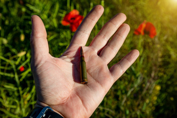 Cartucho de uma metralhadora em mãos humanas em um contexto de um campo de papoilas vermelhas. A guerra na Ucrânia com a Rússia. - Foto, Imagem