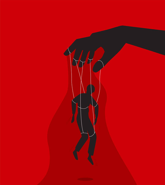 Manipulator concept vector illustration. Puppet master hand manipulate man silhouette. Control domination exploitation background. - Vektor, Bild