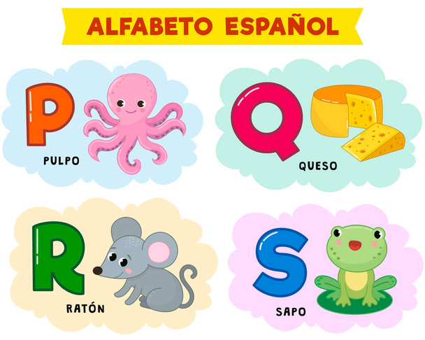 spanish alphabet. vector illustration. written in spanish octopus, frog, mouse, cheese - Vector, Imagen