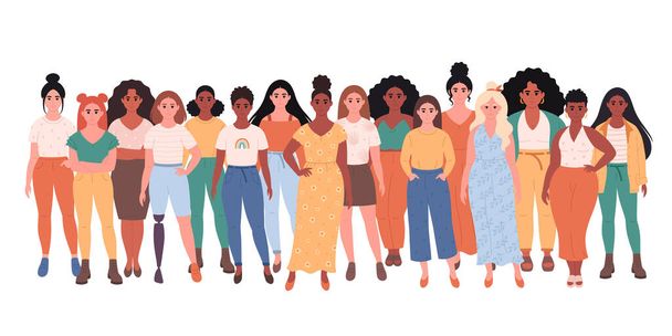 Women of different races, body types, hairstyles. Social diversity of people in modern society. Woman with physical disability. Fasionable casual outfit. Vector illustration - Vettoriali, immagini