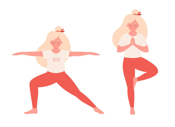 Žena cvičí jógu. Zdravý životní styl, sebepéče, jóga, meditace a duševní pohoda. Vektorová ilustrace - Vektor, obrázek