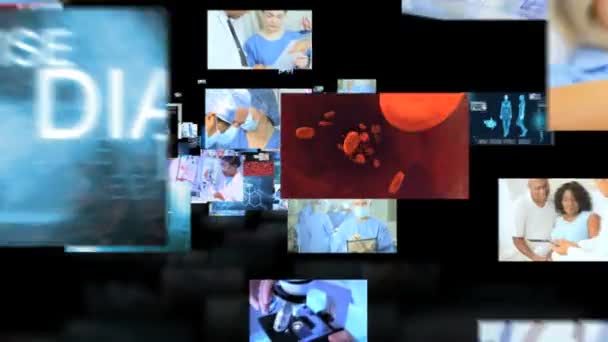 Medizinisches Team versorgt Patienten mit Touchscreen-Diagnose zeigt Bewegungsgrafik - Filmmaterial, Video