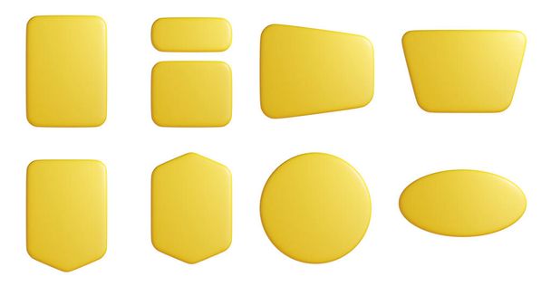Banner plate 3d render - yellow plaques of various round and rectangular shapes with empty space for text for promotion and advertising poster. Cartoon tag and panel to use as frame and signboard. - Photo, Image