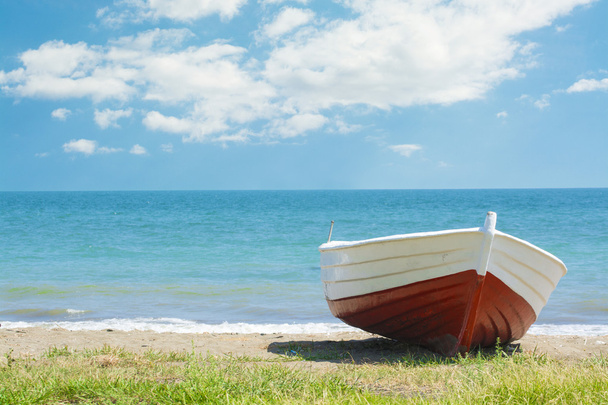 Small red boat lying at shore - Foto, imagen