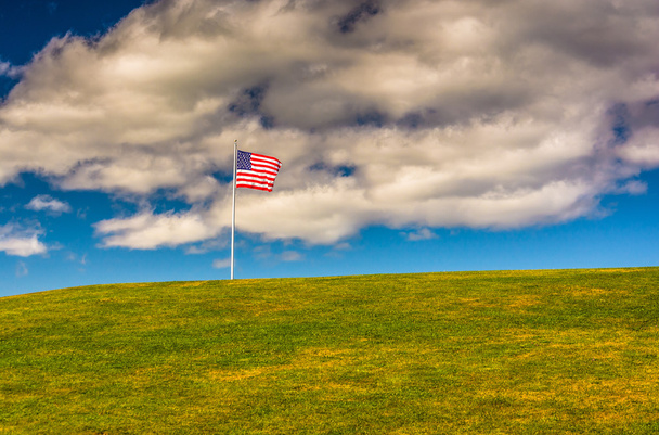 Bandiera americana e collina a Fort Williams Park, Capo Elizabeth, Ma
 - Foto, immagini