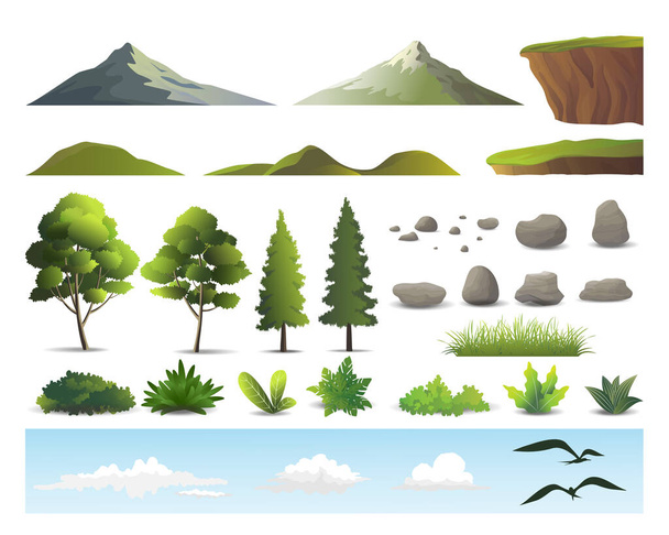 Set of mountains, hills, cliffs, stones, tree, bushes birds and clouds, nature landscape elements vector illustration. - Вектор,изображение