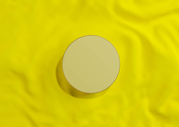 Bright, neon yellow 3D rendering minimal product display top view flat lay circle podium or stand with gold line on wavy textile for luxury cosmetic product photography from above - Foto, Imagem
