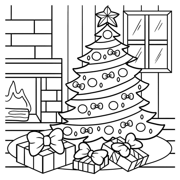 A cute and funny coloring page of a Christmas tree. Provides hours of coloring fun for children. To color, this page is very easy. Suitable for little kids and toddlers. - Vector, Image