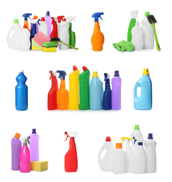 Set with different cleaning products and tools on white background - Fotoğraf, Görsel