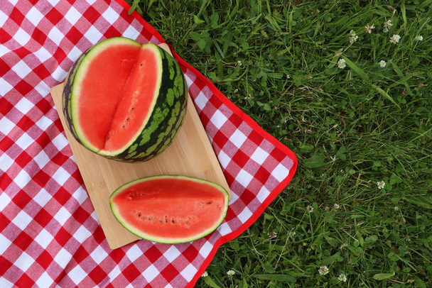 Delicious cut watermelon on red checkered blanket outdoors, top view. Space for text - Fotoğraf, Görsel