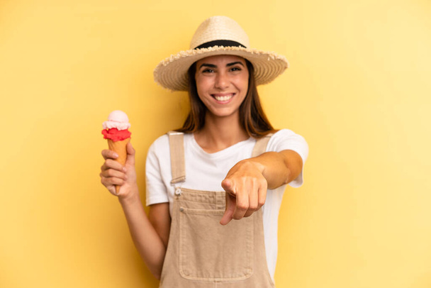 pretty woman pointing at camera choosing you. ice cream and summer concept - Zdjęcie, obraz
