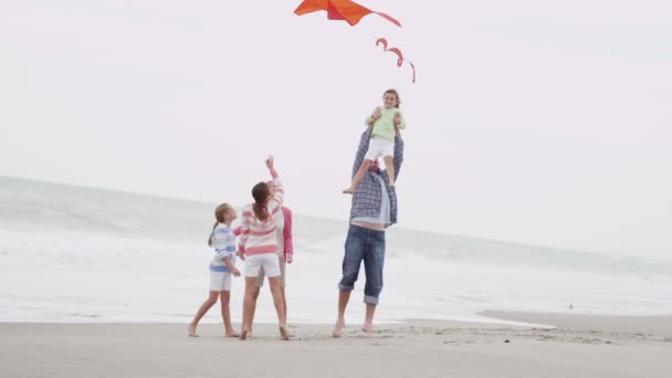 Οικογένεια με φέρουν kite στην παραλία - Πλάνα, βίντεο
