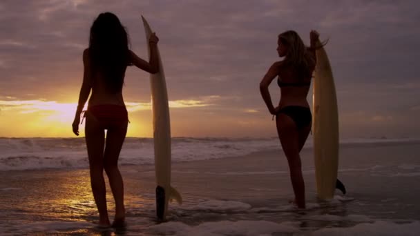 Девушки держат доски для серфинга на пляже
 - Кадры, видео