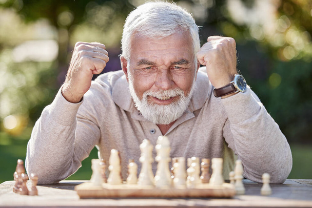 Shot of a senior man playing a game of chess outside and cheering. - Fotoğraf, Görsel