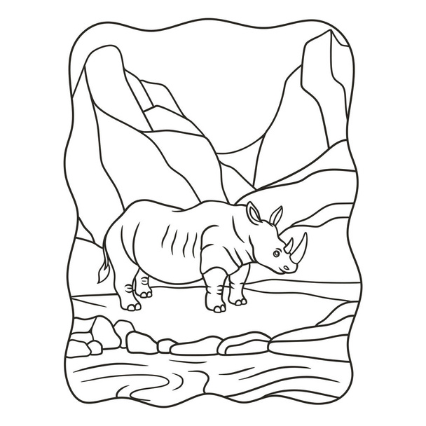 ilustración de dibujos animados Rhino caminando por el río en medio del bosque bajo un alto acantilado de roca libro o página para niños en blanco y negro - Vector, imagen