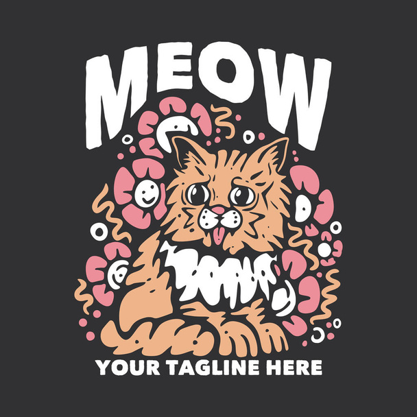 t camisa design miau com gato colocar a língua e fundo cinza ilustração do vintage - Vetor, Imagem