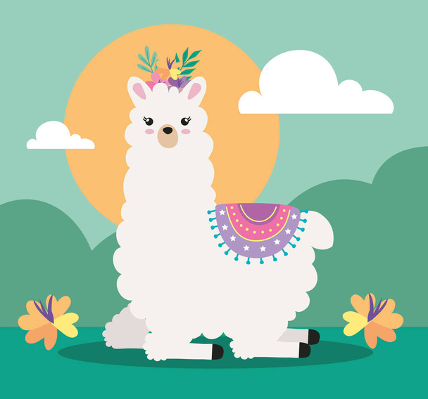 sweet llama in landscape character - Vector, Image