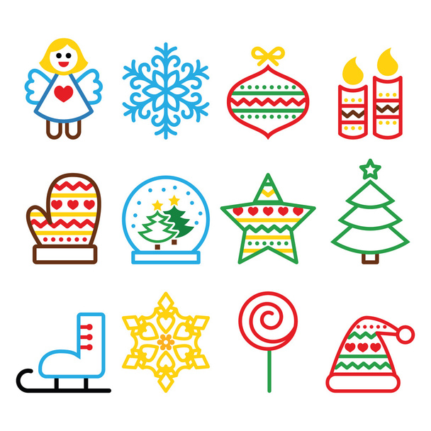Christmas colored icons with stroke - Xmas tree, angel, snowflake - Vecteur, image