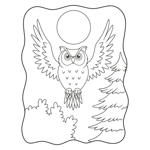 cartoon illustration an owl that flies proudly under the light of the full moon in the forest book or page for kids black and white - Vektör, Görsel
