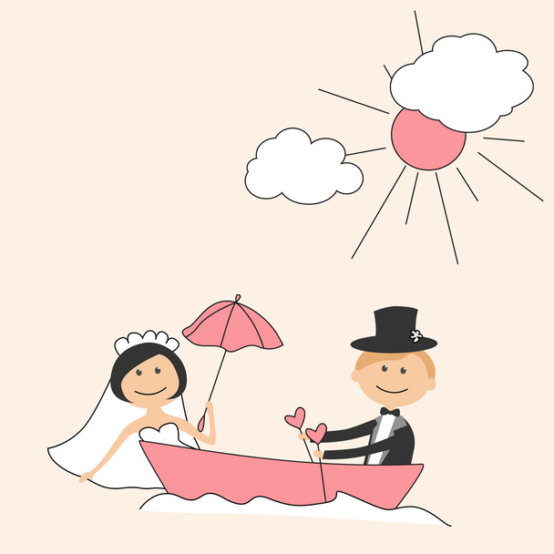 Wedding invitation with funny bride and groom in boat - Vector, Image