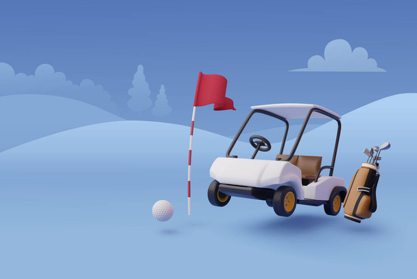 3D vektor golfového vozíku, golfový vak a golfová vlajka, Sportovní a Game Concept. - Vektor, obrázek