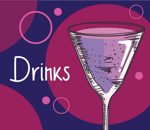 напитки с надписью на лиловом плакате - Вектор,изображение
