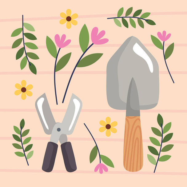 zahradní lopata a nůžky s květinami - Vektor, obrázek