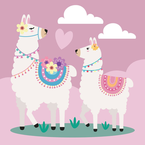 two llamas in landscape characters - Vettoriali, immagini