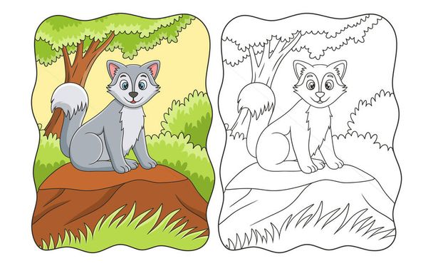 illustrazione cartone animato un lupo seduto freddamente su una scogliera sotto un grande albero per godersi il libro aereo del mattino o pagina per bambini - Vettoriali, immagini
