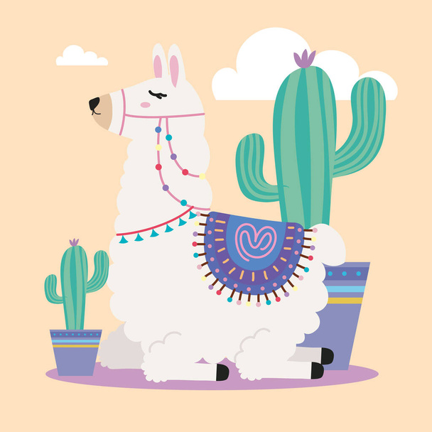 sweet llama with cactus character - Vettoriali, immagini