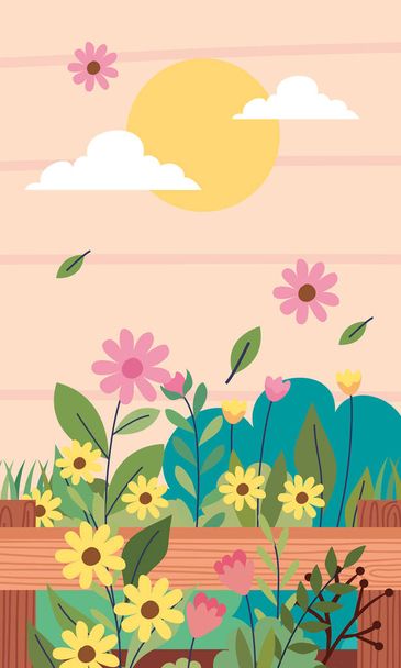 flores de jardinagem em cesta com cena do sol - Vetor, Imagem