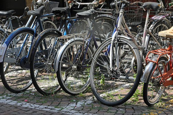 many old bicycles parked in the parking lot near the university used by students to move around the city - Photo, image