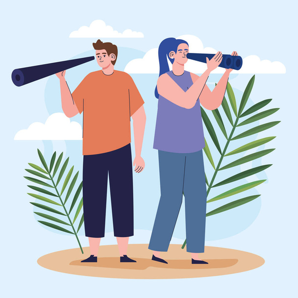 couple searching with binoculars characters - Vecteur, image