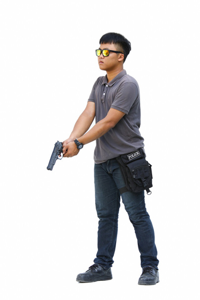 Spy man in the mission, Killer mission, Portrait Of Young Man With Gun On White Background - Fotó, kép